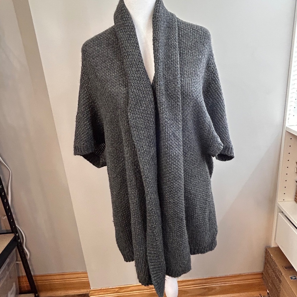 Ann Taylor Charcoal Grey Knit Open Front Shawl Collar Cardigan Sweater L